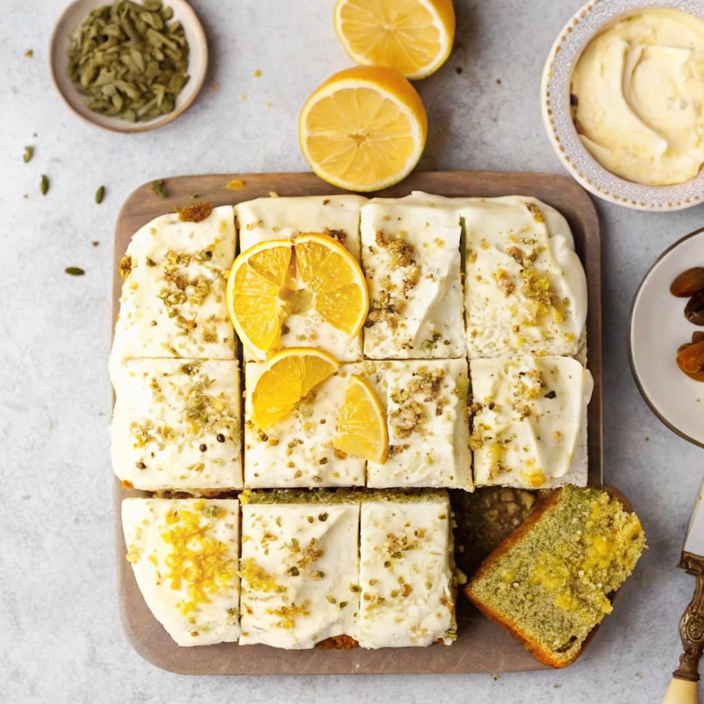 lemon pistachio cake with olive oil, topped with cream cheese frosting and crushed pistachios
