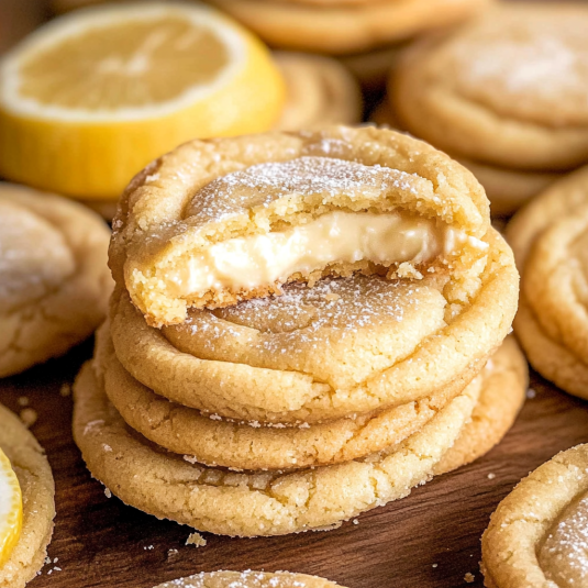 Lemon cheesecake cookies with a creamy cream cheese filling, soft lemon cookie exterior, and powdered sugar on top