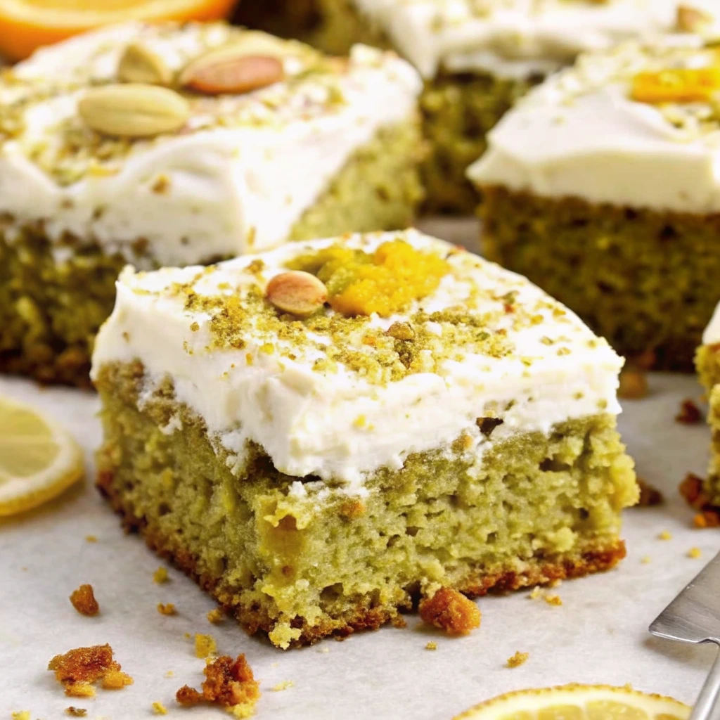 Slice of lemon pistachio cake with olive oil, topped with cream cheese frosting and crushed pistachios