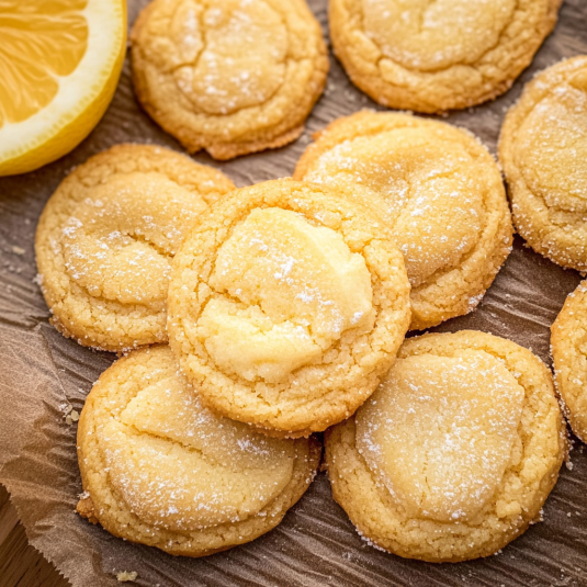 Soft lemon cheesecake cookies with crisp edges and a creamy cream cheese center, lightly dusted with powdered sugar.