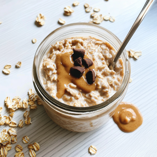 Peanut butter overnight oats in a glass jar topped with strawberries, chia seeds,