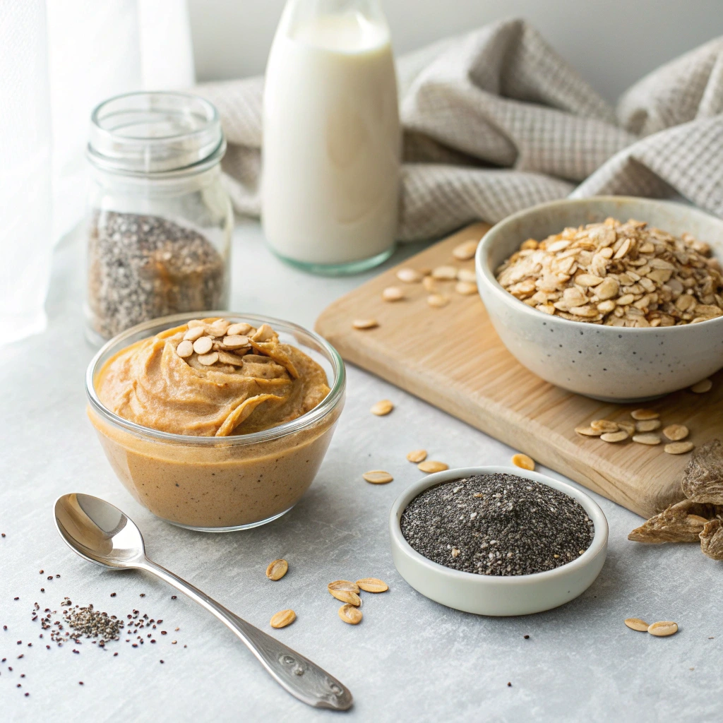 Peanut butter overnight oats ingredients including rolled oats, chia seeds, milk, and creamy peanut butter arranged on a light surface