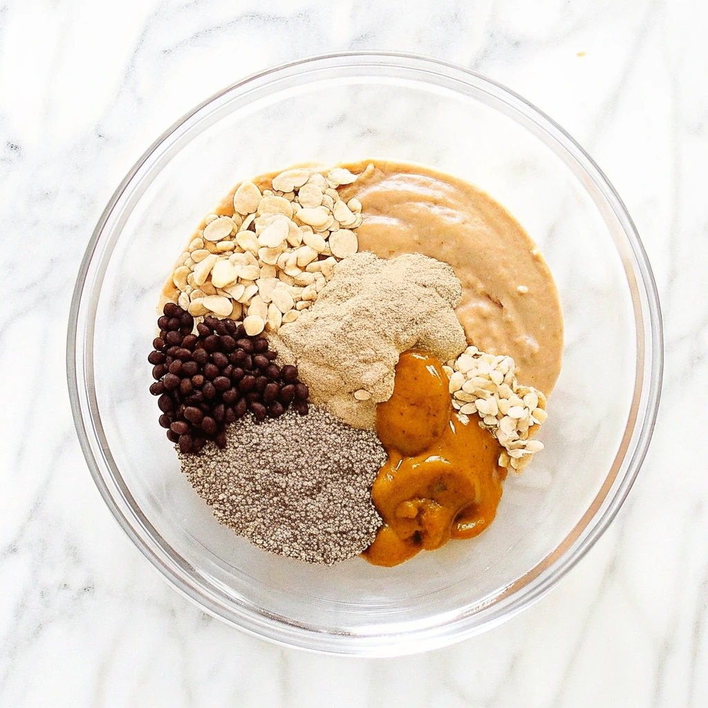 Peanut butter protein ball ingredients in a clear bowl, including oats, peanut butter, honey, chia seeds, protein powder, and chocolate chips