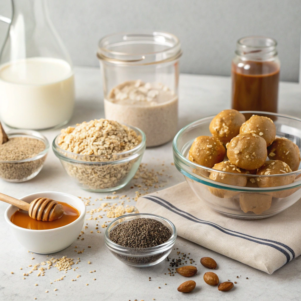 Ingredients for peanut butter protein balls including oats, peanut butter, honey, chia seeds, almond milk, and finished protein balls in a bowl