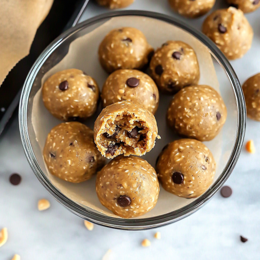 Peanut butter protein balls made with oats and chocolate chips,