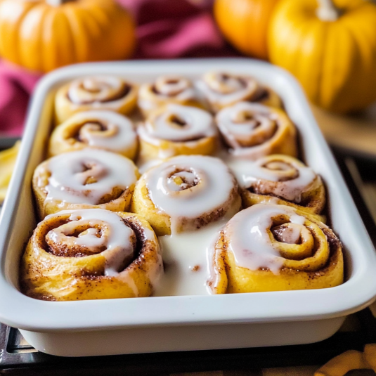 Glazed pumpkin cinnamon rolls baked in a white dish with soft spirals and creamy icing
