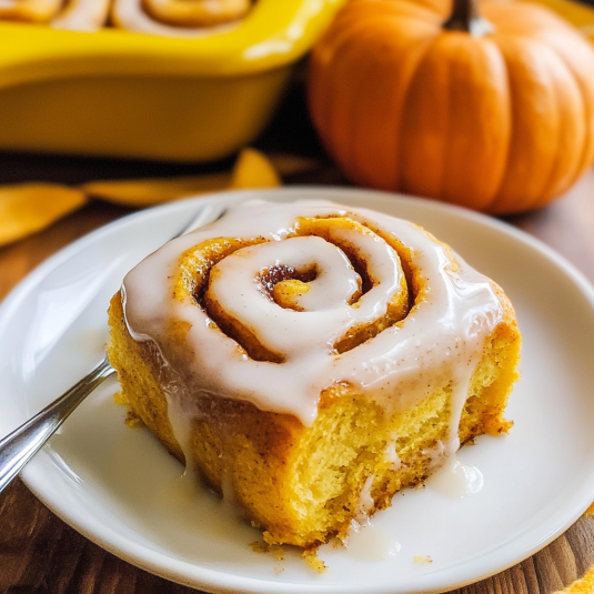 Pumpkin cinnamon rolls with cream cheese icing on a white plate