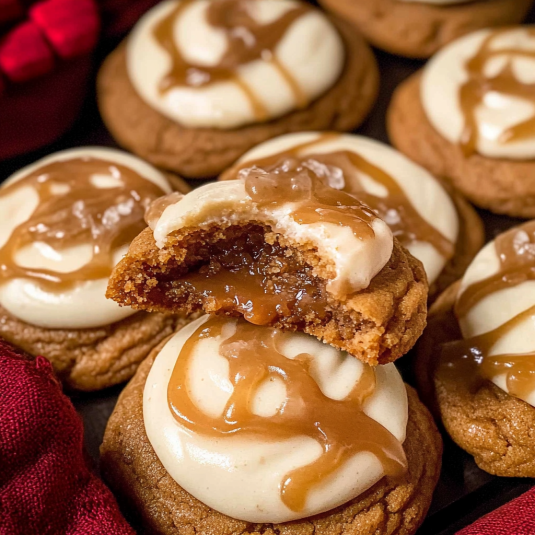 Sticky toffee pudding cookies filled with gooey toffee and topped with vanilla icing