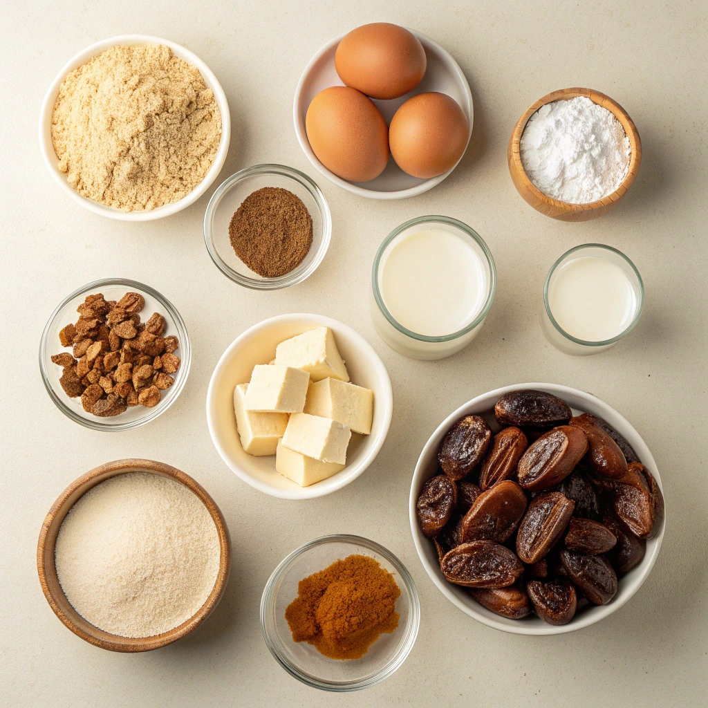 Ingredients for sticky toffee pudding cookies including Medjool dates, brown sugar, butter, eggs, milk, spices, and flour arranged in bowls