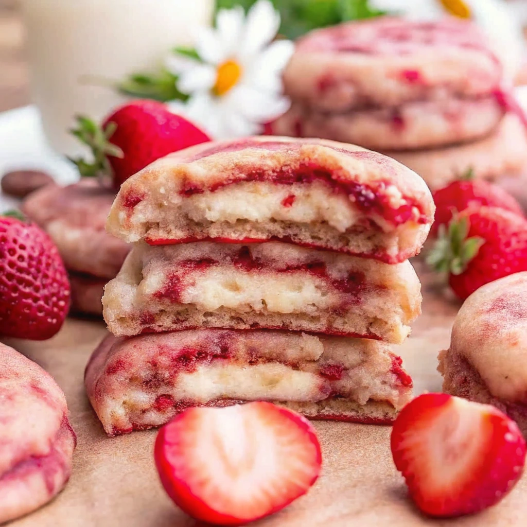 strawberry cheesecake cookies with a creamy cheesecake filling and fresh strawberries