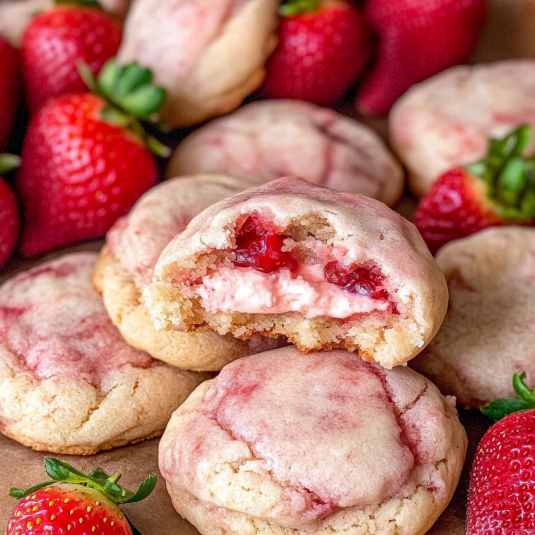 Soft strawberry cheesecake cookies with a creamy cheesecake filling and fresh strawberries
