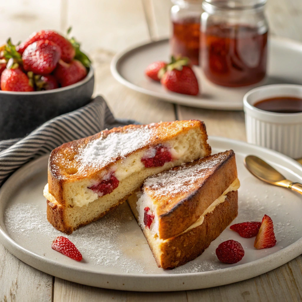 Stuffed French toast pocket filled with cream cheese and strawberry preserves