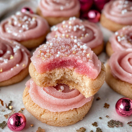 Sugar Plum Fairy Cookies topped with pink frosting, sparkling sugar