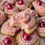 Sugar Plum Fairy Cookies topped with pink frosting, sparkling sugar, and pearl sprinkles inspired by the Nutcracker ballet