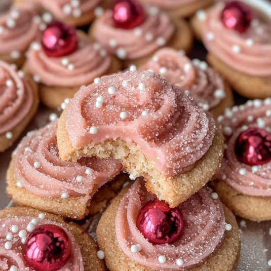 Sugar Plum Fairy Cookies topped with pink frosting, sparkling sugar, and pearl sprinkles inspired by the Nutcracker ballet