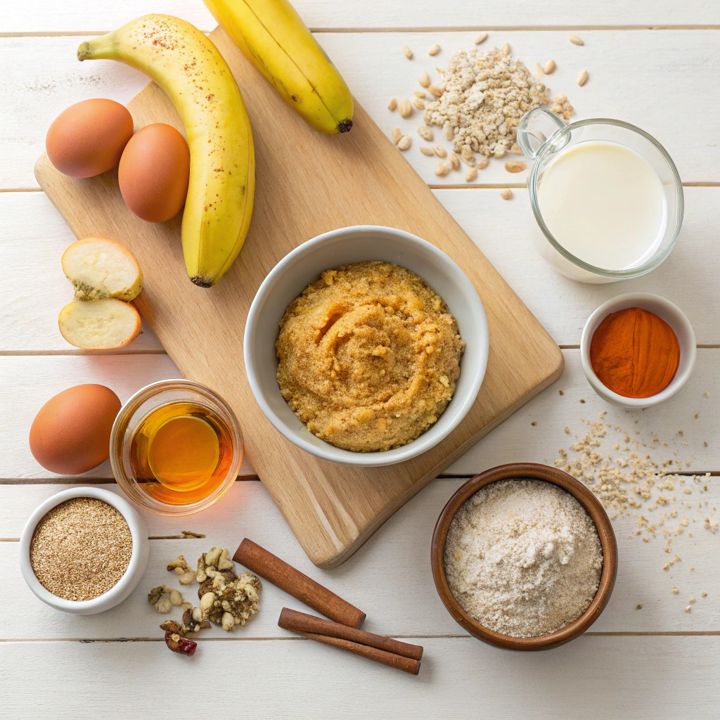 Flat lay of ABC muffin ingredients including banana, apple, carrot, oats, whole wheat flour, egg, milk, oil, and cinnamon for baby muffins with no added sugar