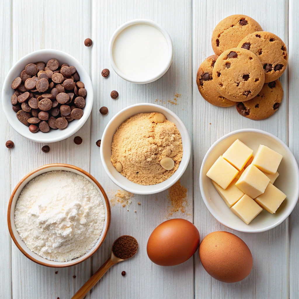 Ingredients for brown butter chocolate chip cookies including butter, eggs, flour, brown sugar, milk, and chocolate chips arranged on a white surface