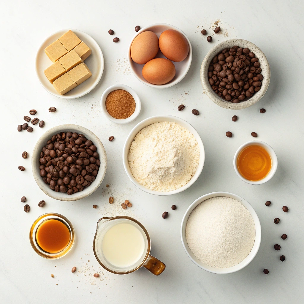 Brown sugar latte cake ingredients arranged in bowls including flour, eggs, brown sugar, coffee beans, milk, butter, and espresso