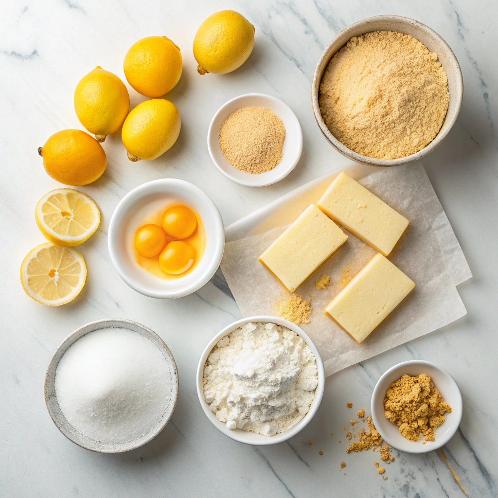 Flat lay of lemon cheesecake cookie ingredients including lemons, butter, cream cheese, egg yolks, sugar, flour, graham cracker crumbs, and powdered sugar on marble surface