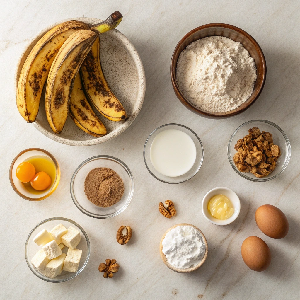 Banana nut muffin ingredients arranged on a marble surface, including ripe bananas, flour, brown sugar, eggs, butter, sour cream, and walnuts.