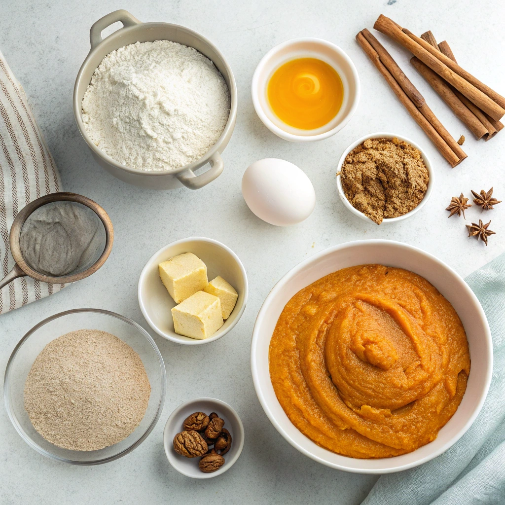 Pumpkin cinnamon rolls ingredients including pumpkin purée, flour, butter, eggs, brown sugar, cinnamon, and spices arranged in a flat lay