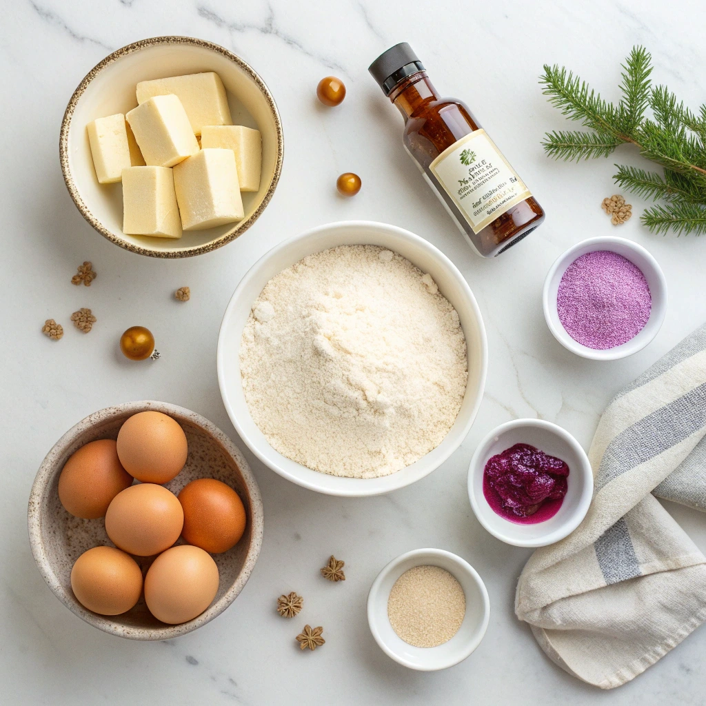 Flat lay of Sugar Plum Fairy Cookie ingredients including flour, butter, eggs, almond extract, plum jam, and purple sanding sugar