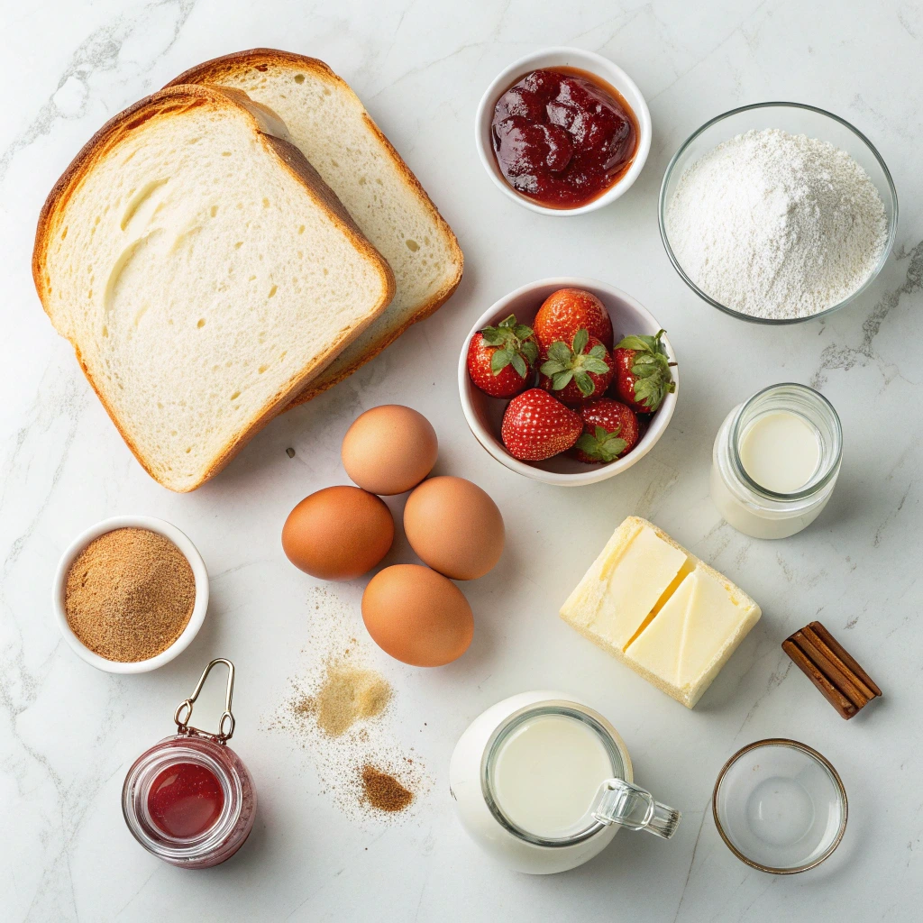 Ingredients for stuffed French toast laid out on marble surface with bread, eggs, strawberries, milk, butter, jam, sugar, cinnamon, and flour