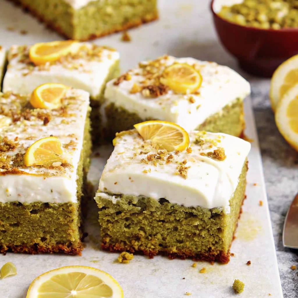 lemon pistachio cake with olive oil, topped with cream cheese frosting
