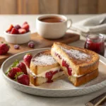 Stuffed French toast pocket filled with cream cheese and strawberry preserves, golden crust and soft custardy center
