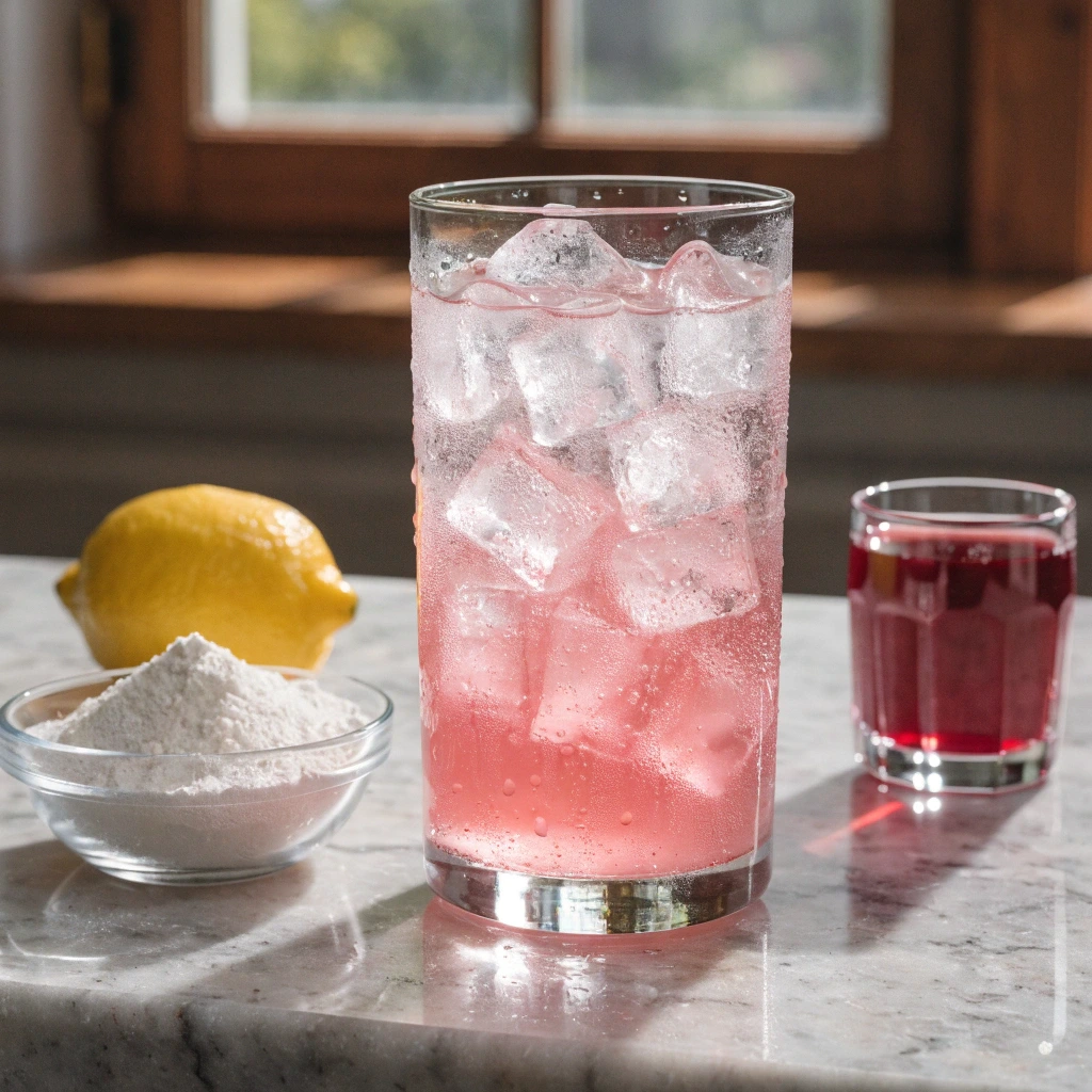 Glass of Dr Oz Pink Gelatin Trick drink with ice, lemon, unflavored gelatin powder, and cranberry juice on kitchen counter