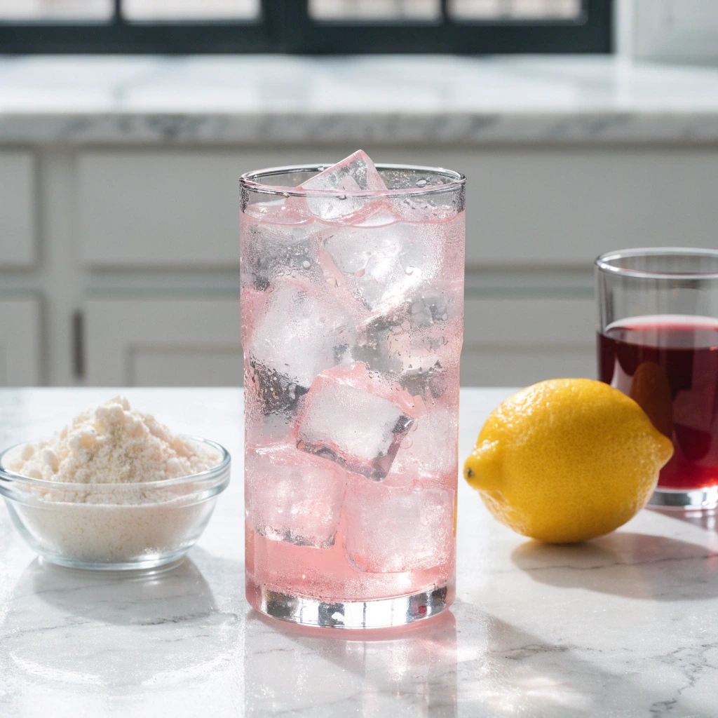 Dr Oz Pink Gelatin Trick drink with ice, lemon, unflavored gelatin powder, and cranberry juice on kitchen counter
