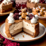 Slice of gingerbread cheesecake with creamy spiced filling, molasses topping, whipped cream, and a festive gingerbread cookie