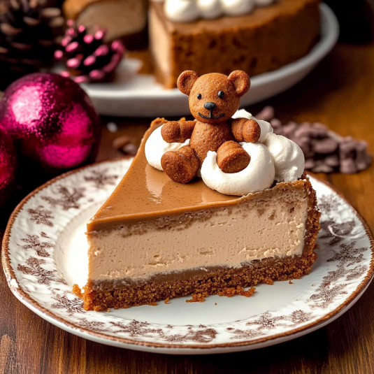 gingerbread cheesecake with creamy spiced filling, molasses topping, whipped cream, and a festive gingerbread cookie