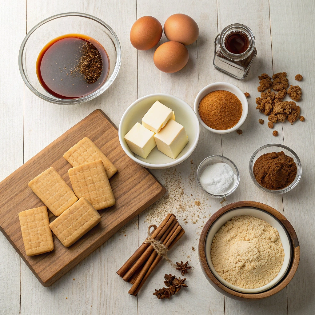 Flat lay of gingerbread cheesecake ingredients including cream cheese, molasses, eggs, brown sugar, butter, gingersnap cookies, and warm spices on a wooden surface