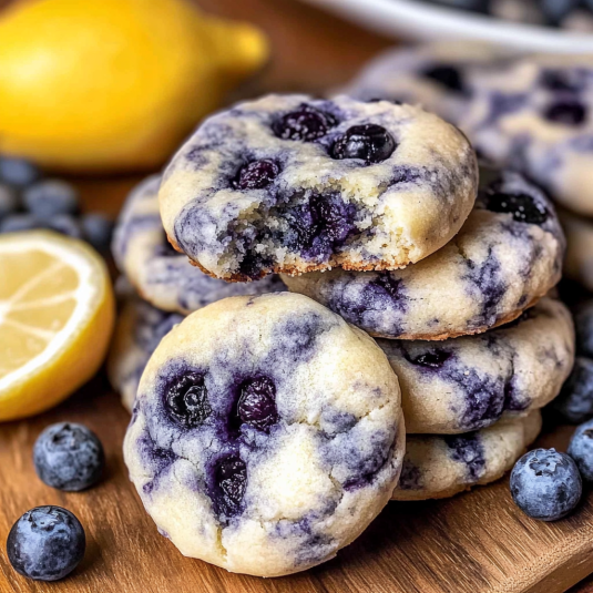 Soft Lemon Blueberry Cheesecake Cookies with jammy blueberries and creamy center stacked on wooden board