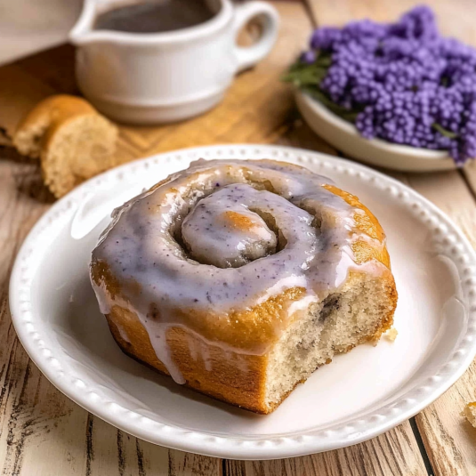 London Fog roll topped with Earl Grey vanilla glaze on a white plate with soft brioche crumb