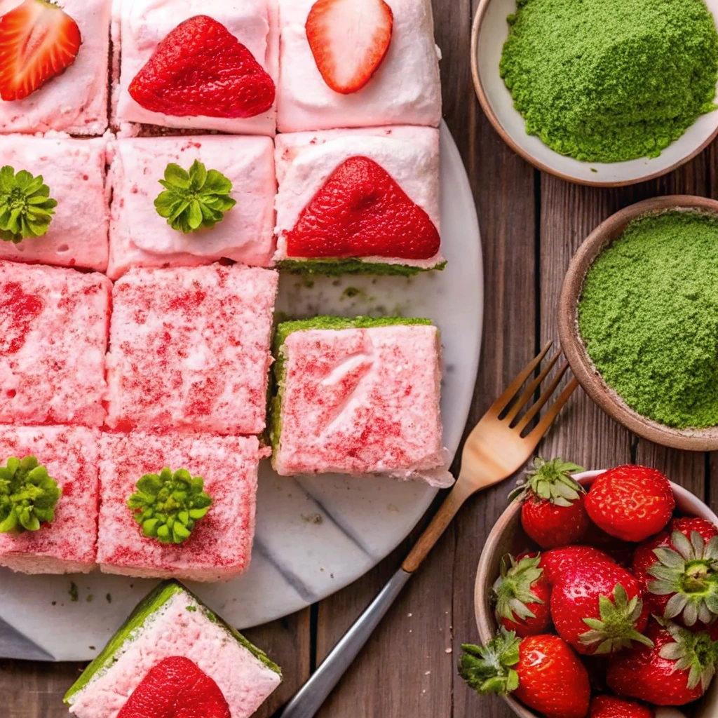 Strawberry Matcha Latte Cake with vibrant green sponge and pink strawberry cream cheese frosting topped with fresh strawberry