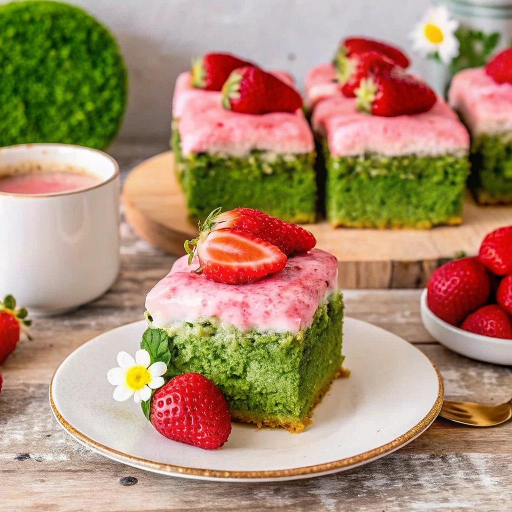 Slice of Strawberry Matcha Latte Cake with vibrant green sponge and pink strawberry cream cheese frosting topped with fresh strawberry