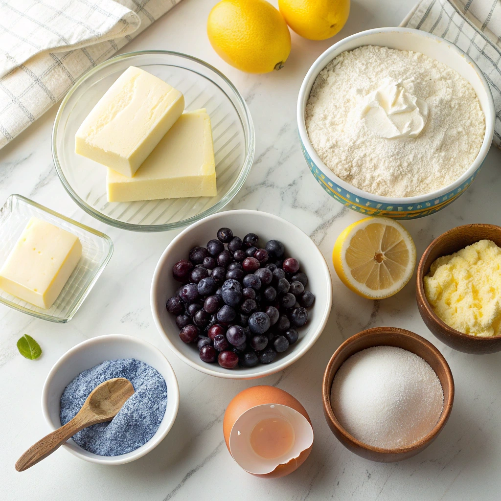 Ingredients for Lemon Blueberry Cheesecake Cookies including butter, flour, sugar, blueberries, lemon zest, cream cheese, and egg