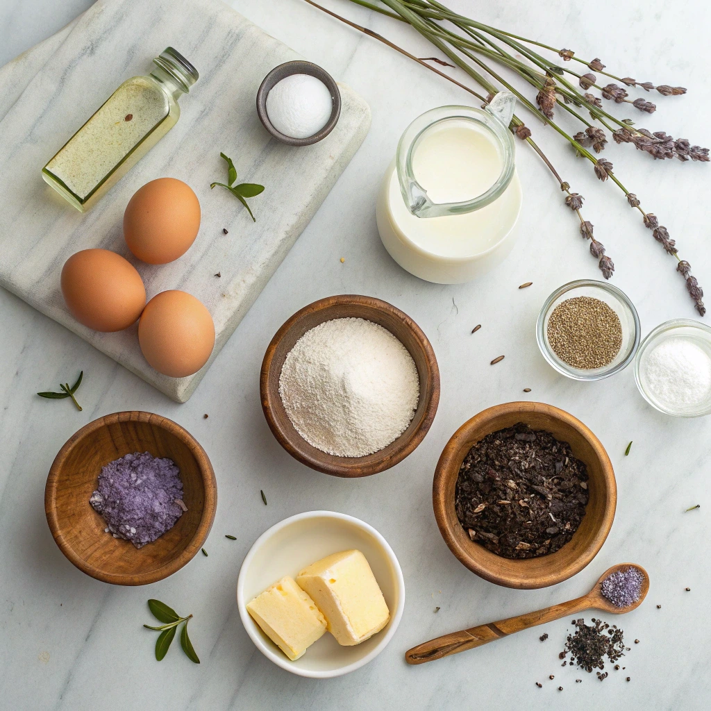 London Fog rolls ingredients arranged on marble surface with Earl Grey tea, lavender, milk, butter, eggs, sugar, flour, yeast, and vanilla