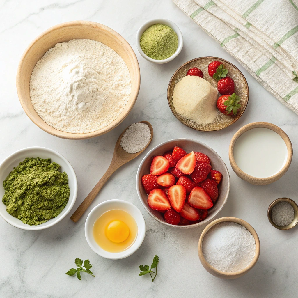 Flat lay of Strawberry Matcha Latte Cake ingredients including matcha powder, flour, strawberries, sugar, egg, milk, and salt