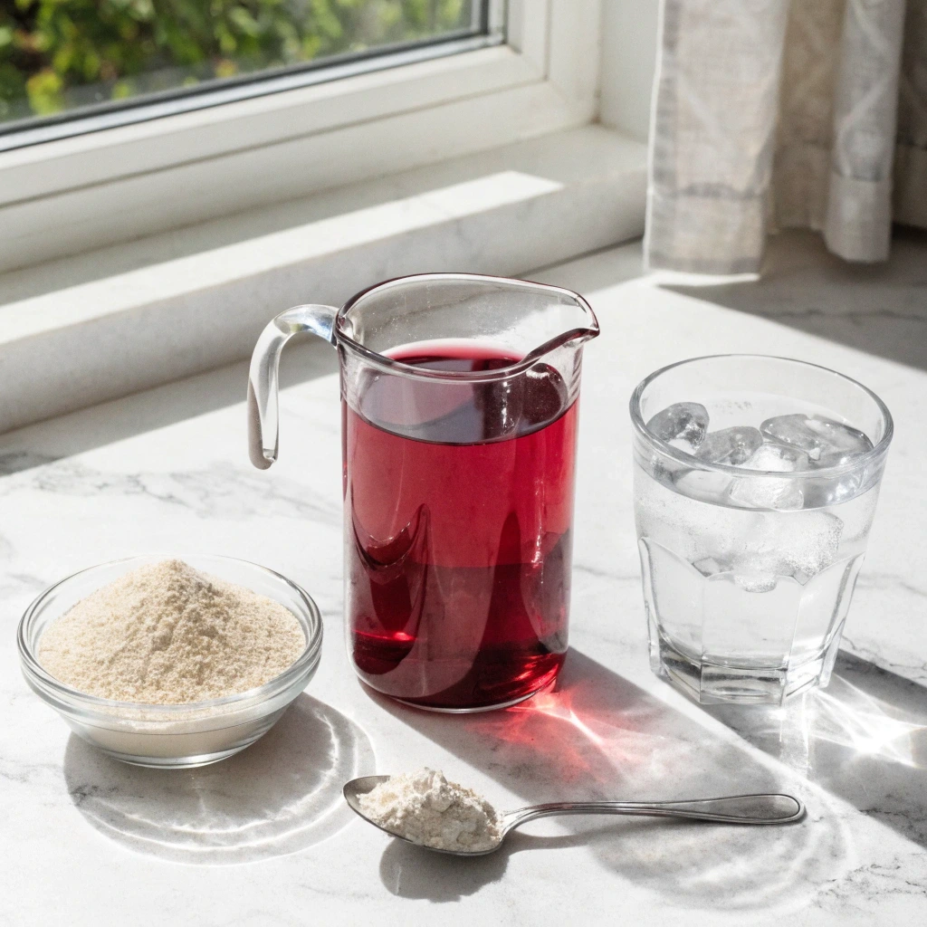 Ingredients for bariatric gelatin recipe including gelatin powder sugar free cranberry juice and cold water on a marble kitchen counter