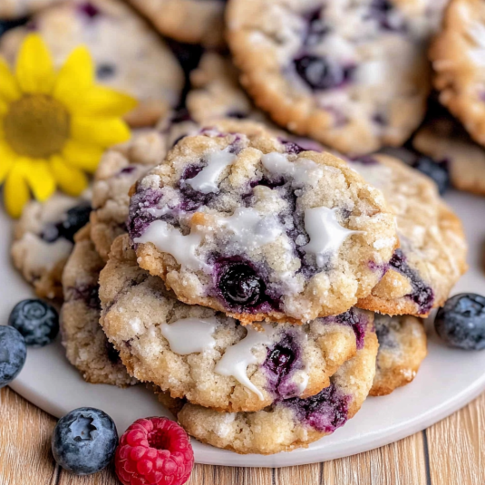 close up of blueberry coffee cake cookies with brown sugar streusel and vanilla glaze drizzle