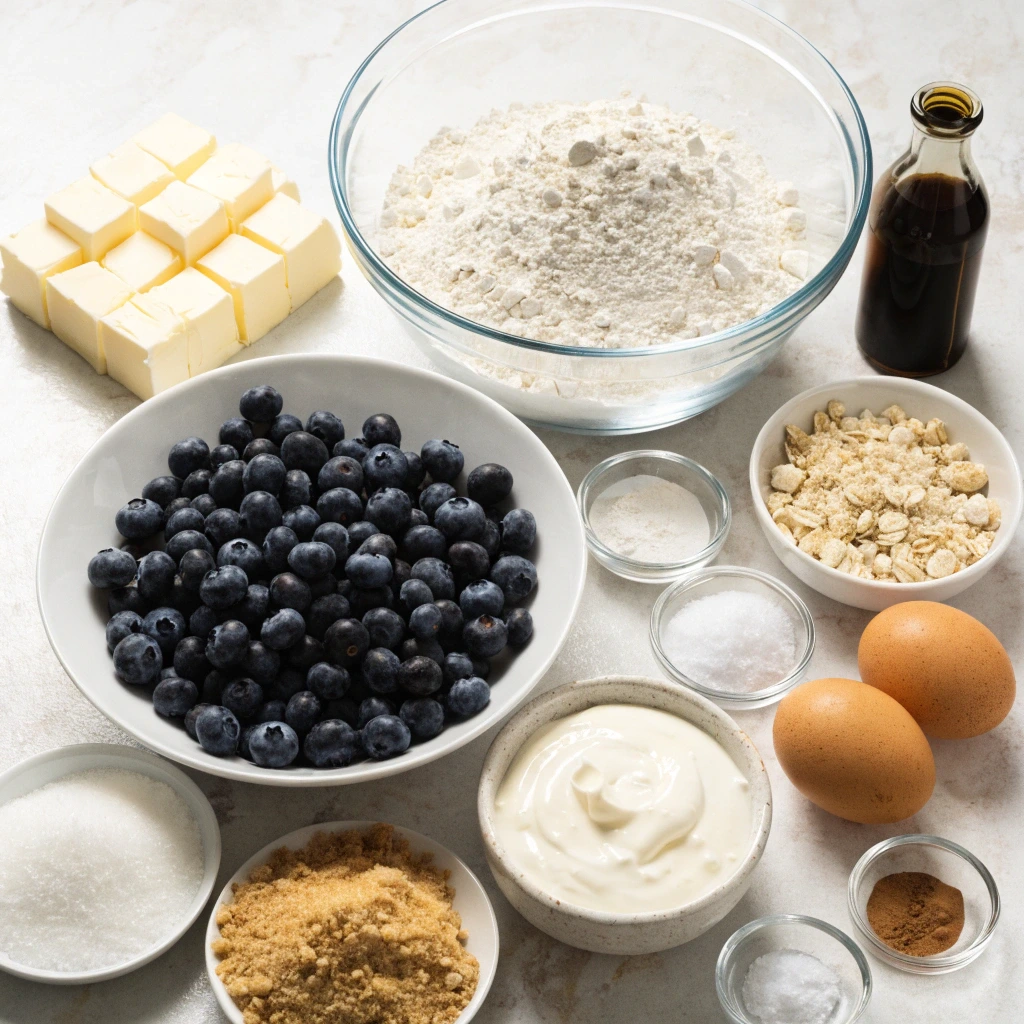 Ingredients for blueberry coffee cake including fresh blueberries, flour, butter, eggs, sour cream, sugar, and cinnamon streusel