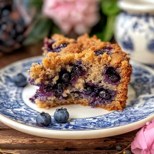 blueberry coffee cake with cinnamon streusel topping and fresh blueberries inside showing moist texture