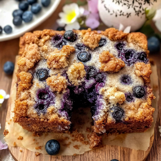 Slice of blueberry coffee cake with cinnamon streusel topping and fresh blueberries inside showing moist texture