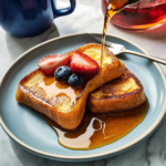 Easy French toast recipe served with maple syrup, fresh strawberries and blueberries on a plate, golden brown and crispy outside with soft center
