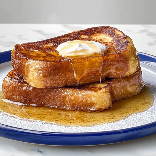 French toast recipe served with maple syrup, fresh strawberries and blueberries on a plate