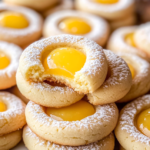 soft lemon curd cookies with powdered sugar and creamy lemon curd center