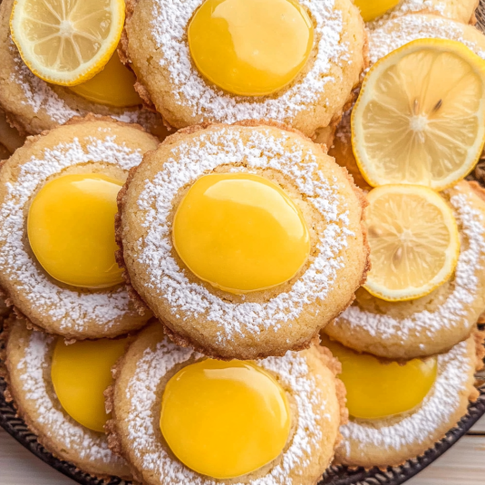 lemon curd cookies with powdered sugar and creamy lemon curd